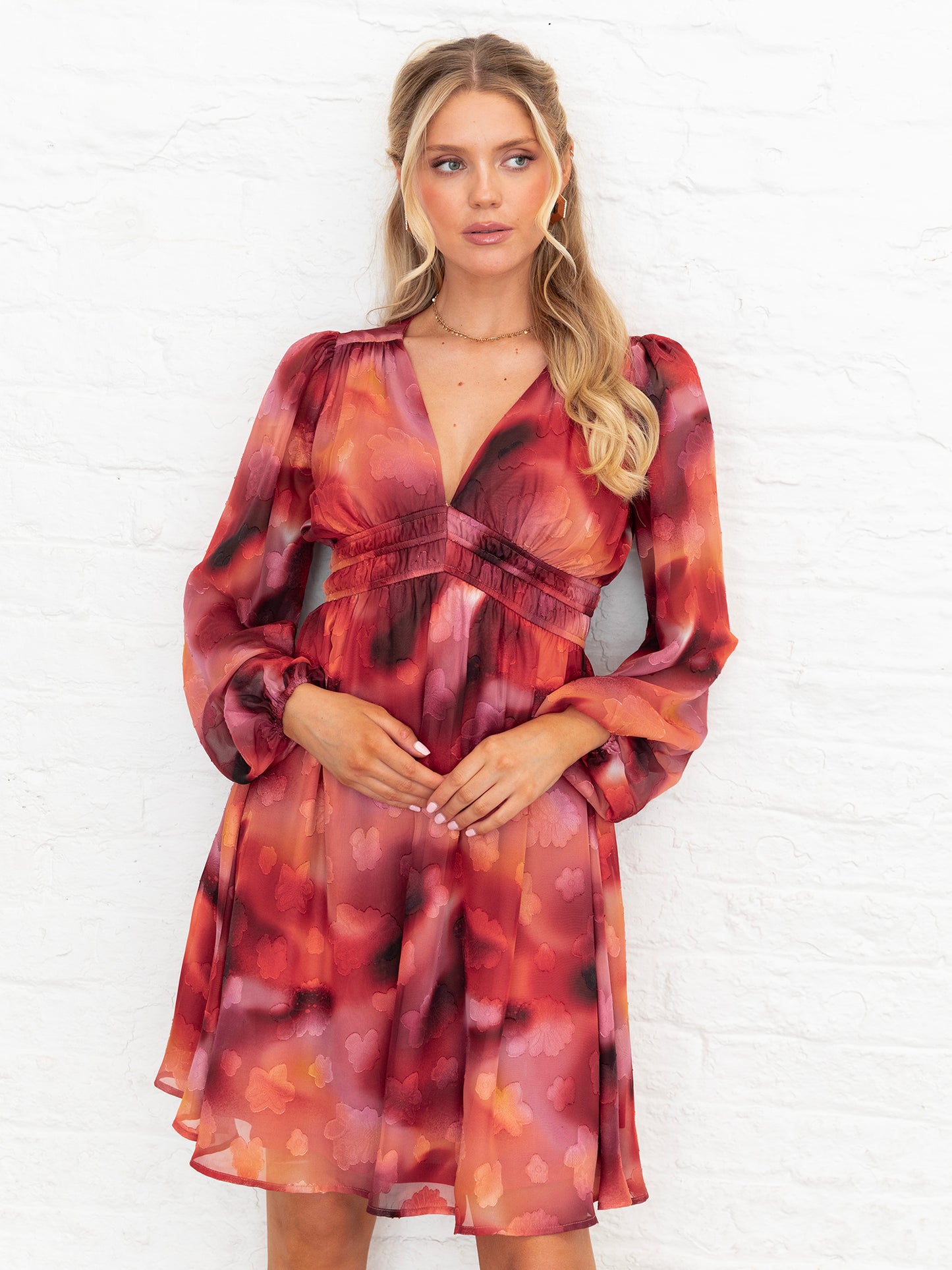 Lovedrobe Floral Burnout Maxi Sleeve V Neck Mini Dress