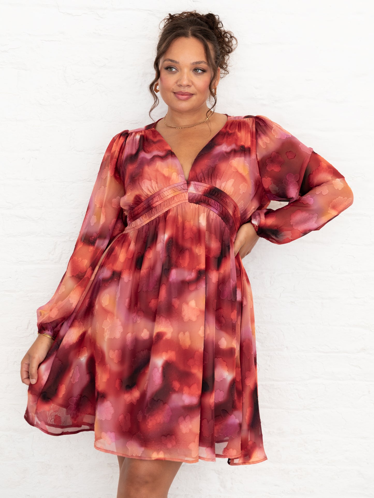 Lovedrobe Floral Burnout Maxi Sleeve V Neck Mini Dress