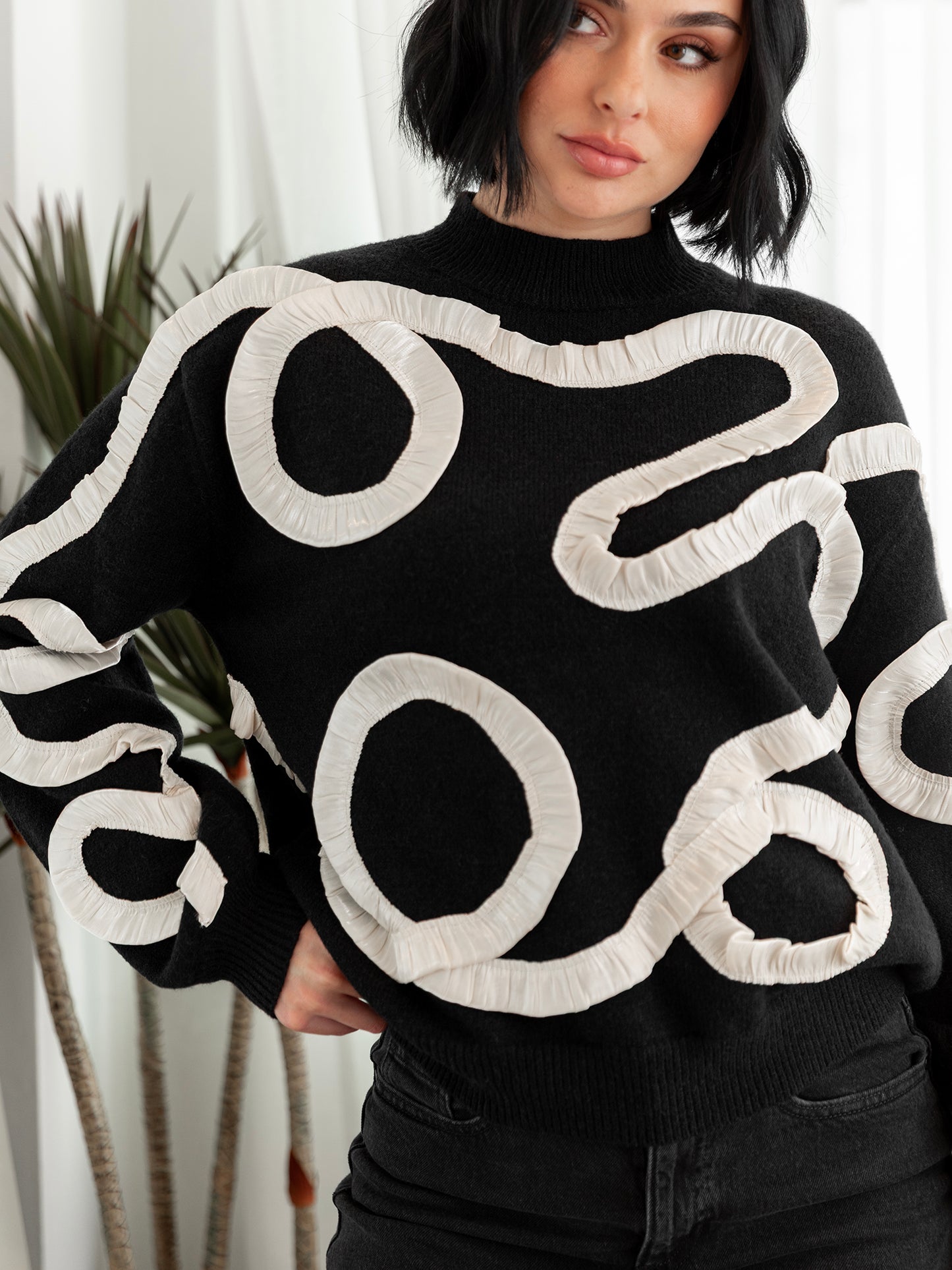 Lovedrobe Black Jumper with Contrasting Satin Squiggle Applique