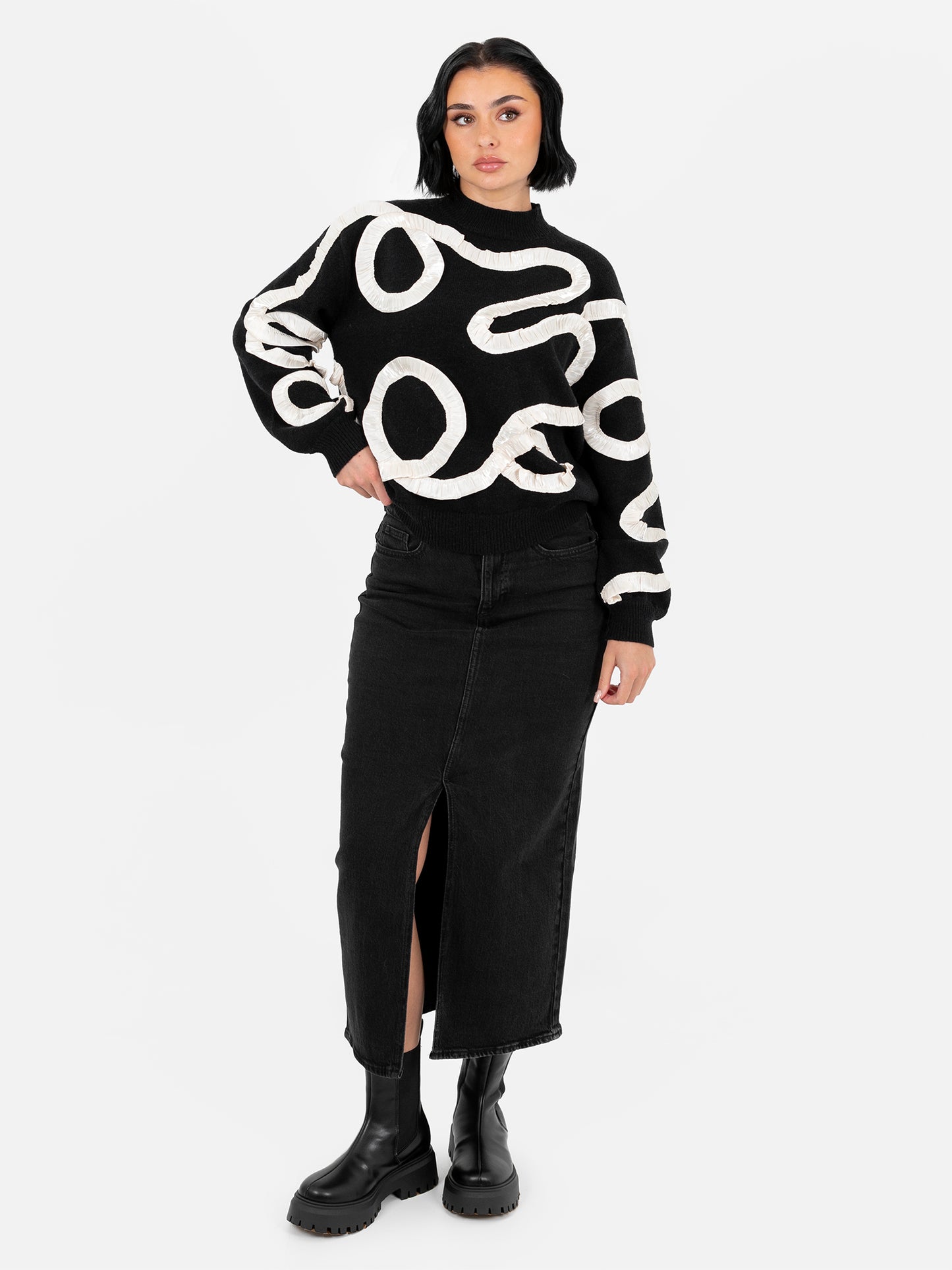 Lovedrobe Black Jumper with Contrasting Satin Squiggle Applique