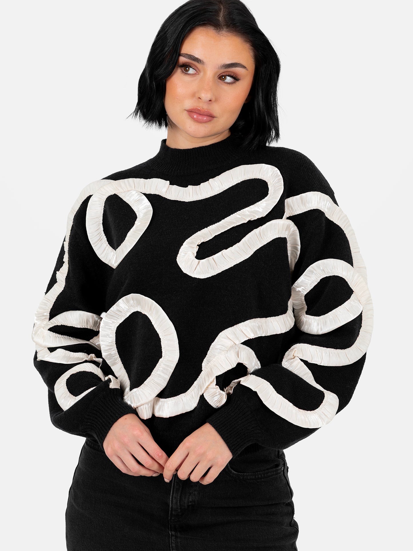 Lovedrobe Black Jumper with Contrasting Satin Squiggle Applique