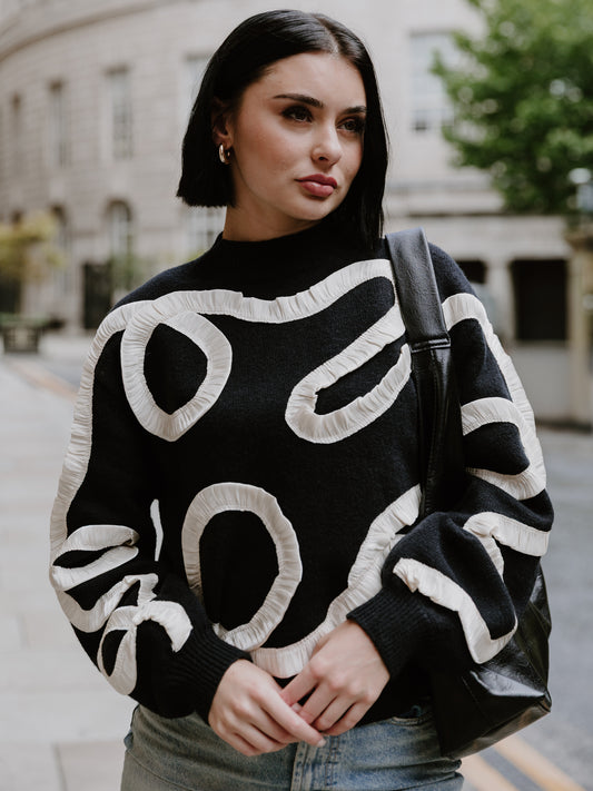 Lovedrobe Black Jumper with Contrasting Satin Squiggle Applique
