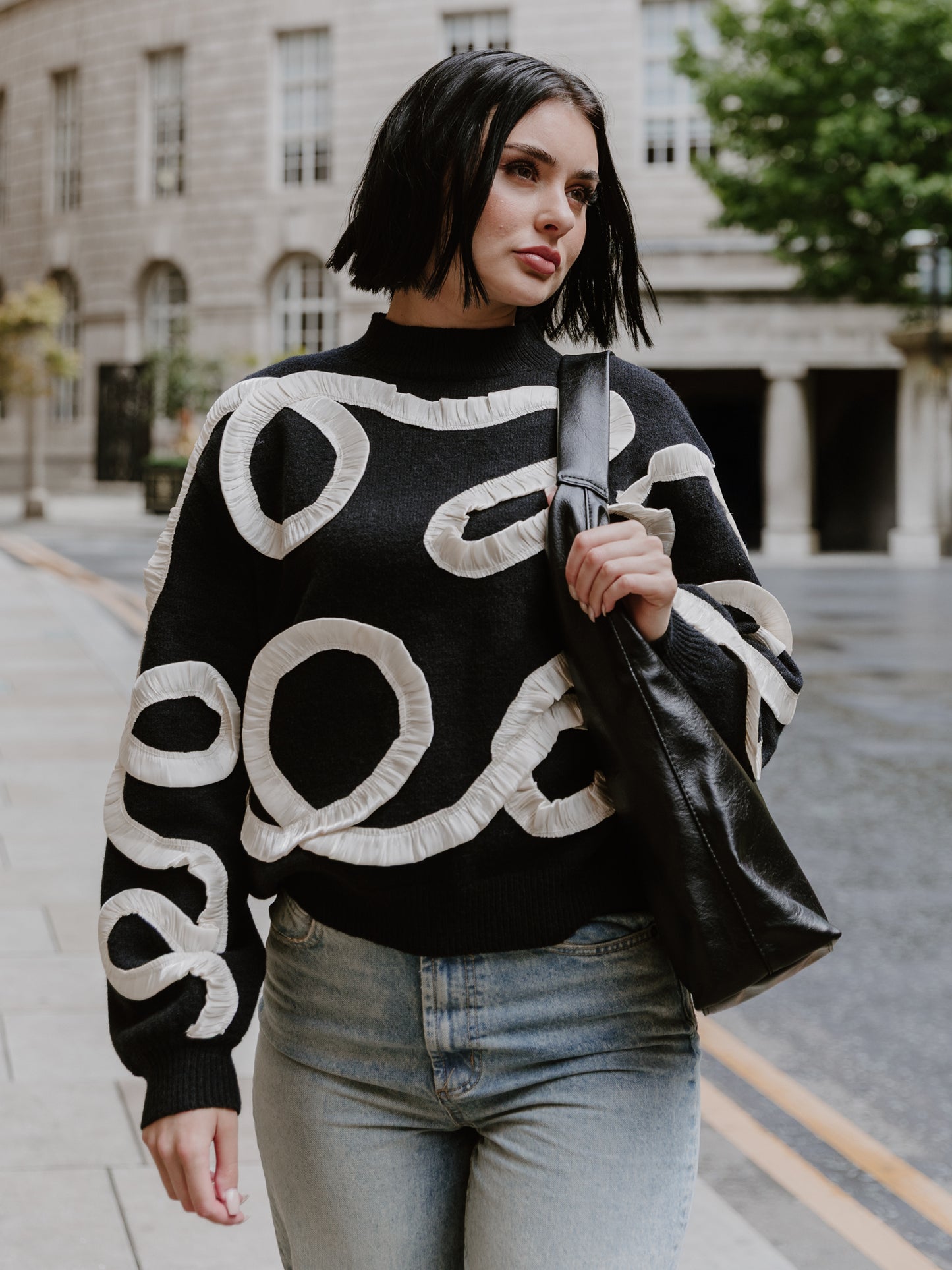 Lovedrobe Black Jumper with Contrasting Satin Squiggle Applique