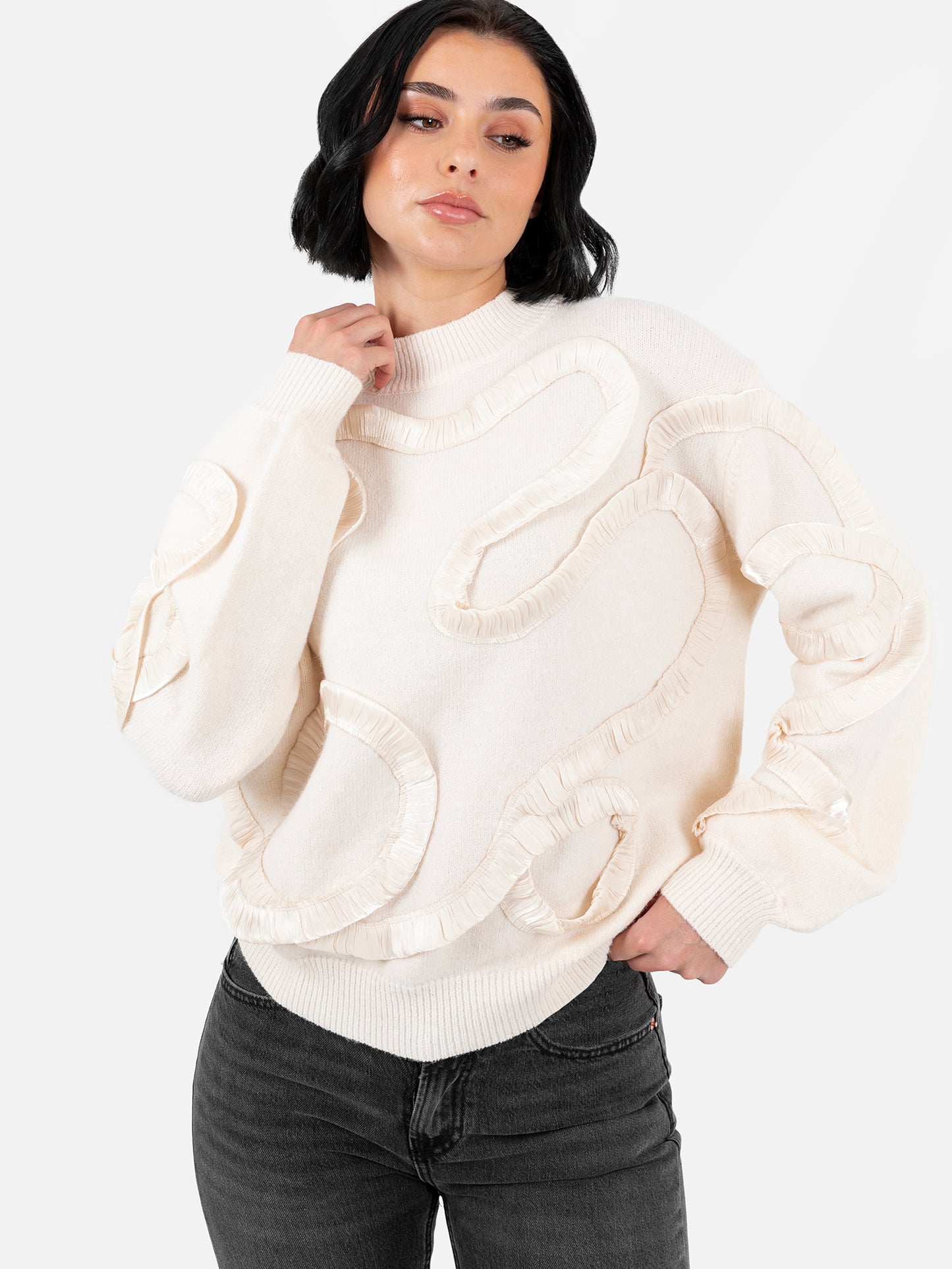Lovedrobe Cream Jumper with Satin Squiggle Applique