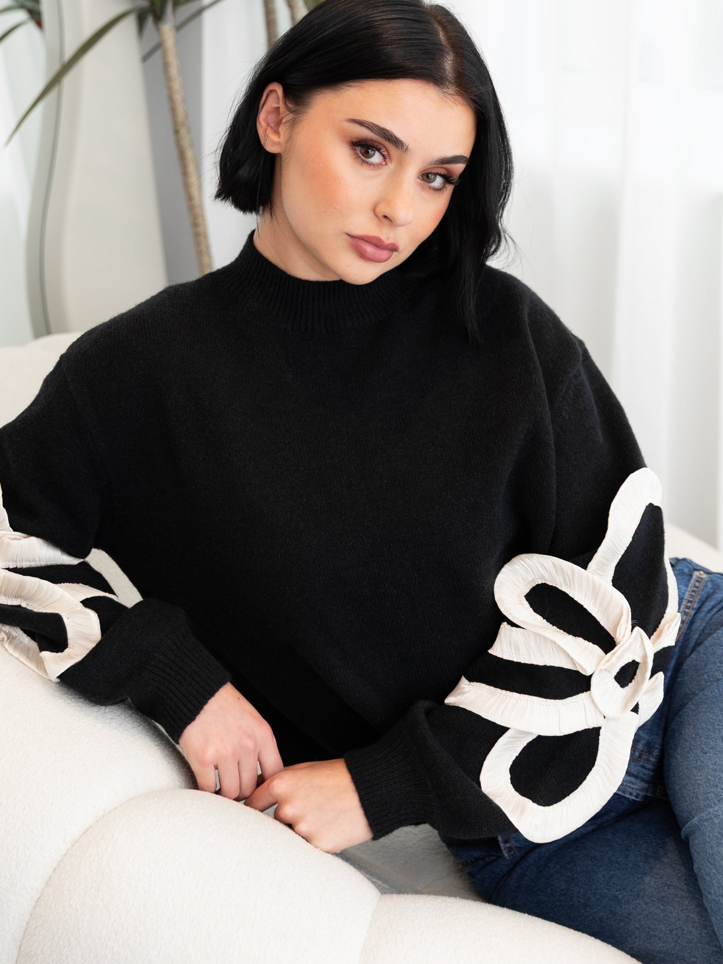 Lovedrobe Black Jumper with Satin Floral Applique on Sleeves