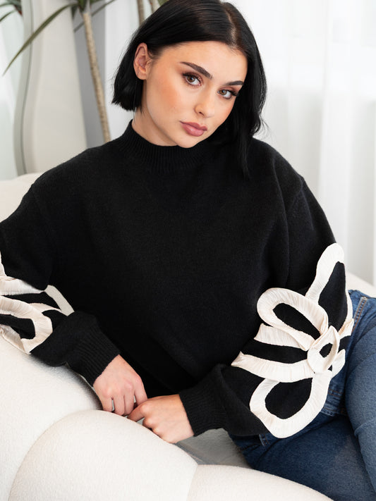 Lovedrobe Black Jumper with Satin Floral Applique on Sleeves