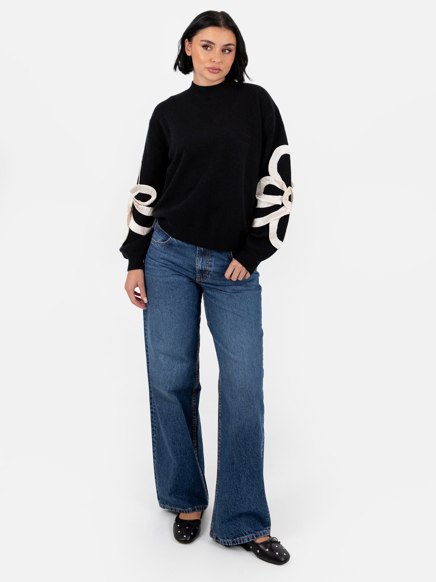 Lovedrobe Black Jumper with Satin Floral Applique on Sleeves