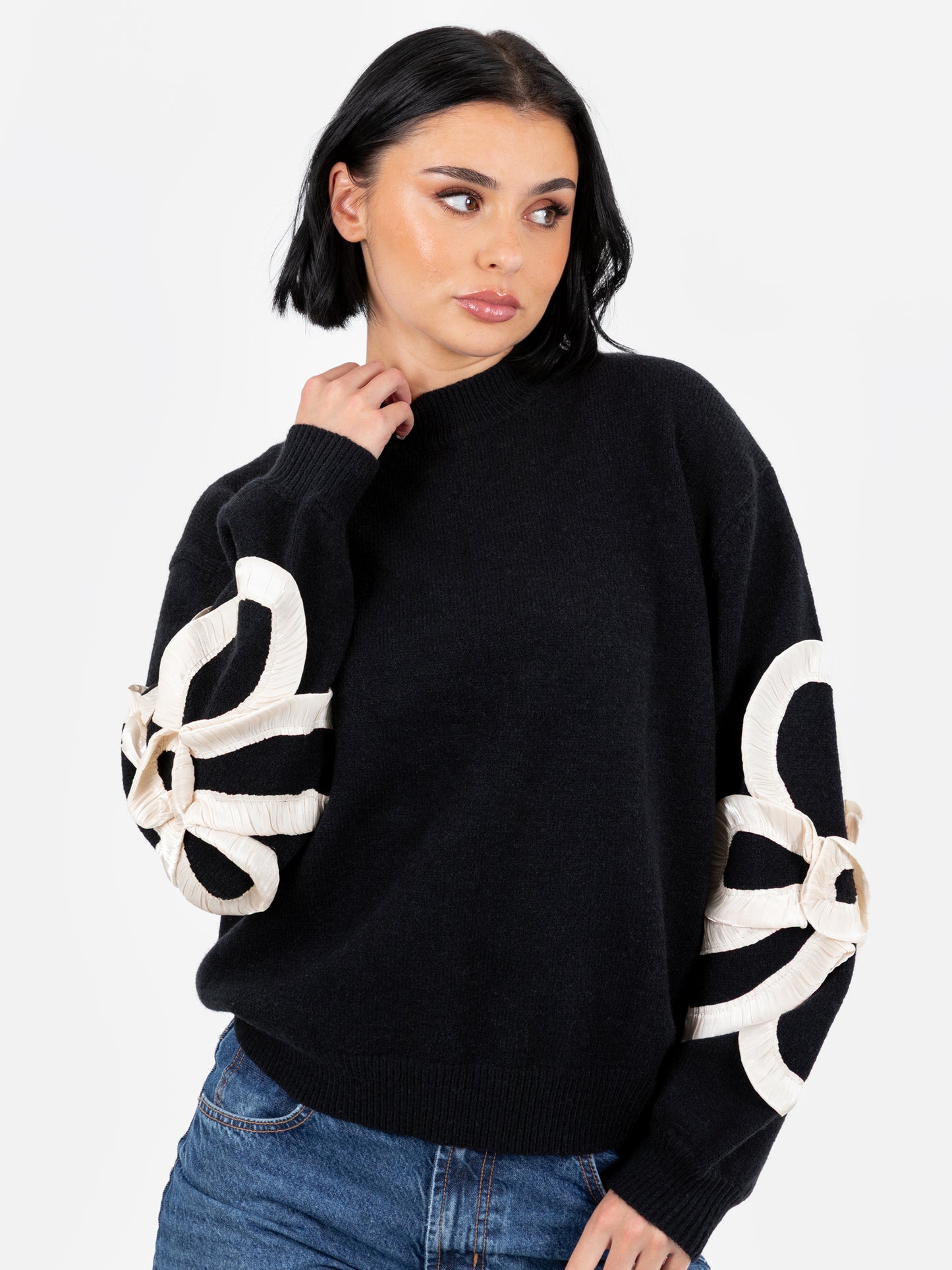 Lovedrobe Black Jumper with Satin Floral Applique on Sleeves