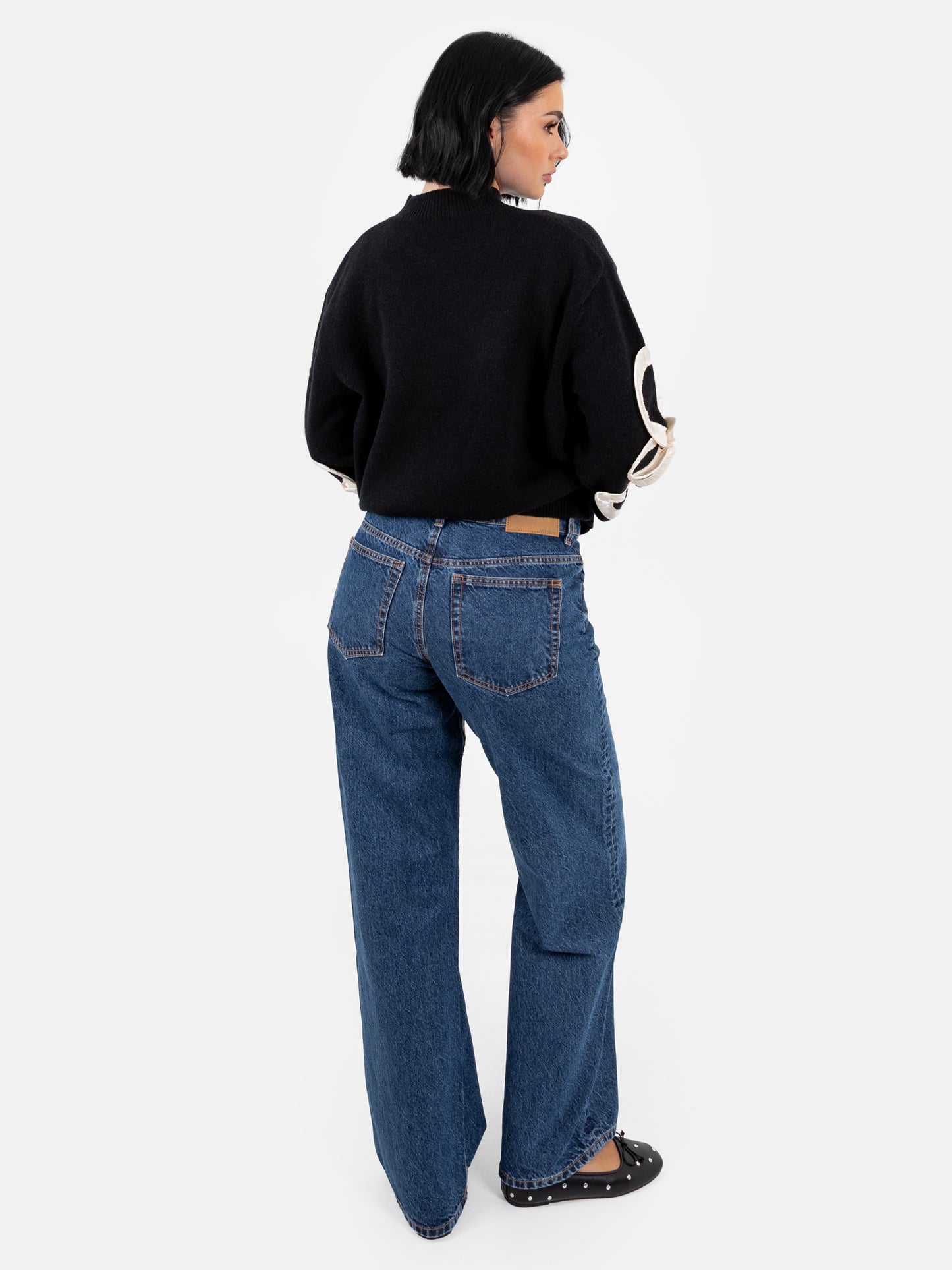 Lovedrobe Black Jumper with Satin Floral Applique on Sleeves