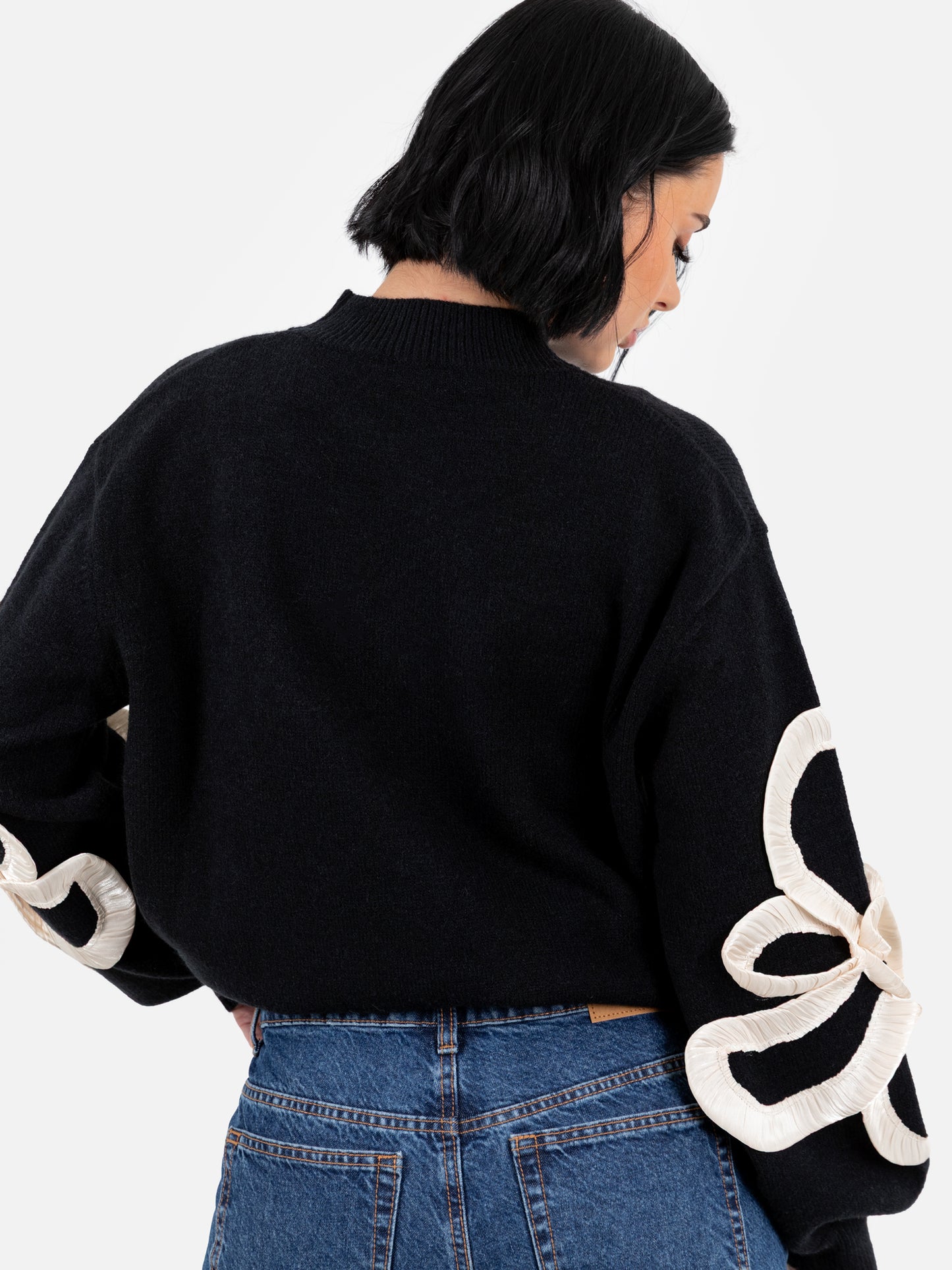 Lovedrobe Black Jumper with Satin Floral Applique on Sleeves