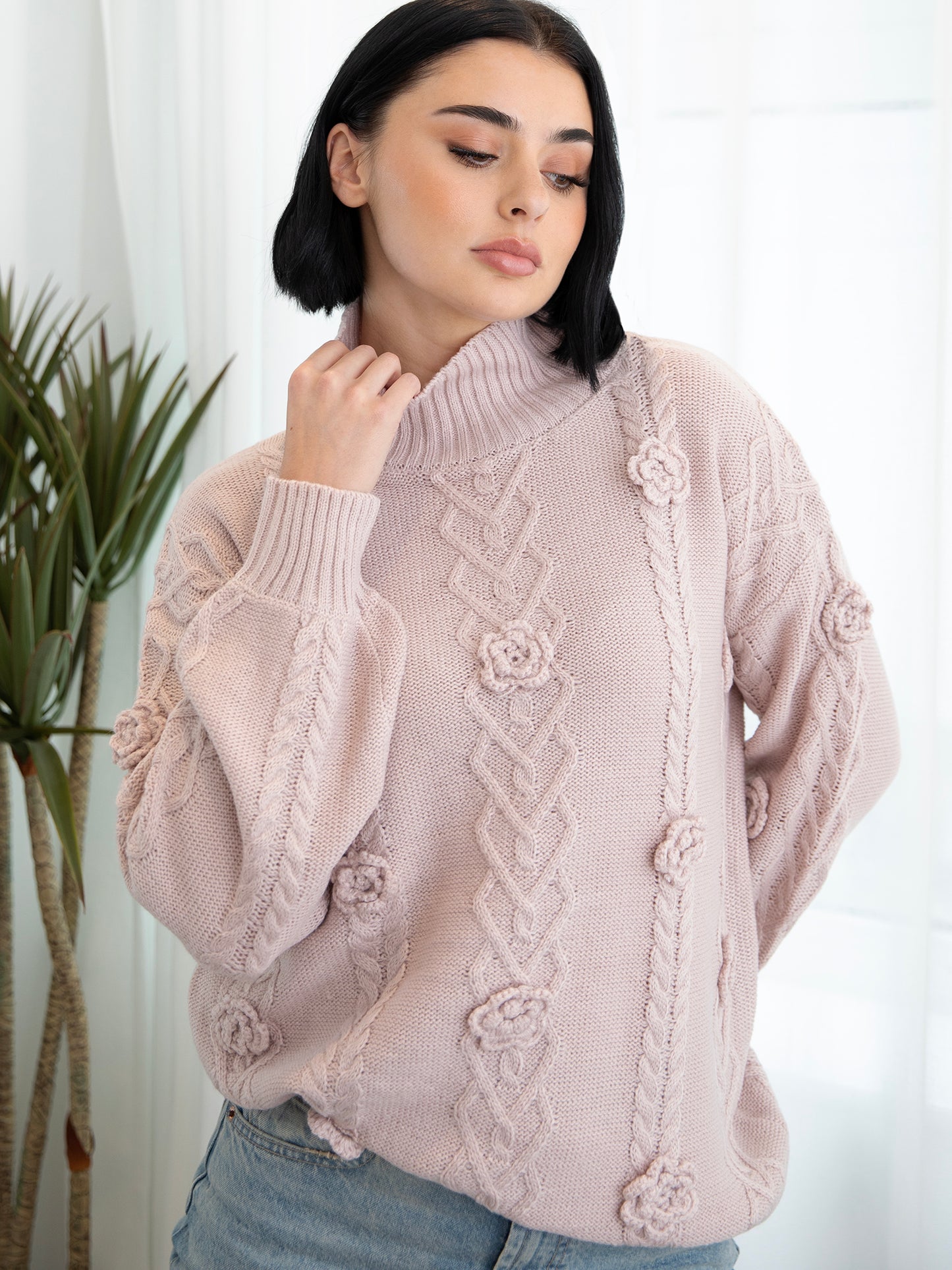 Lovedrobe Blush Cable Knit High Neck Jumper with Floral Detail