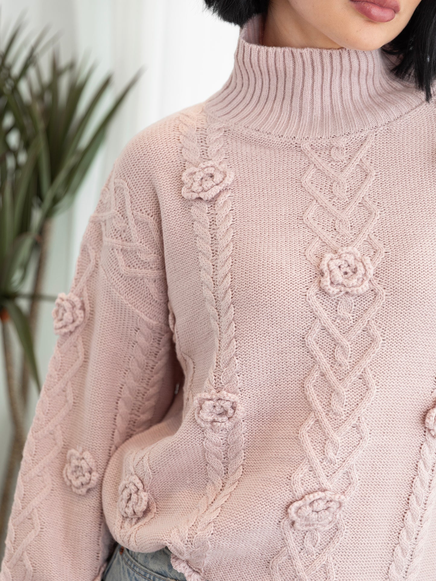 Lovedrobe Blush Cable Knit High Neck Jumper with Floral Detail