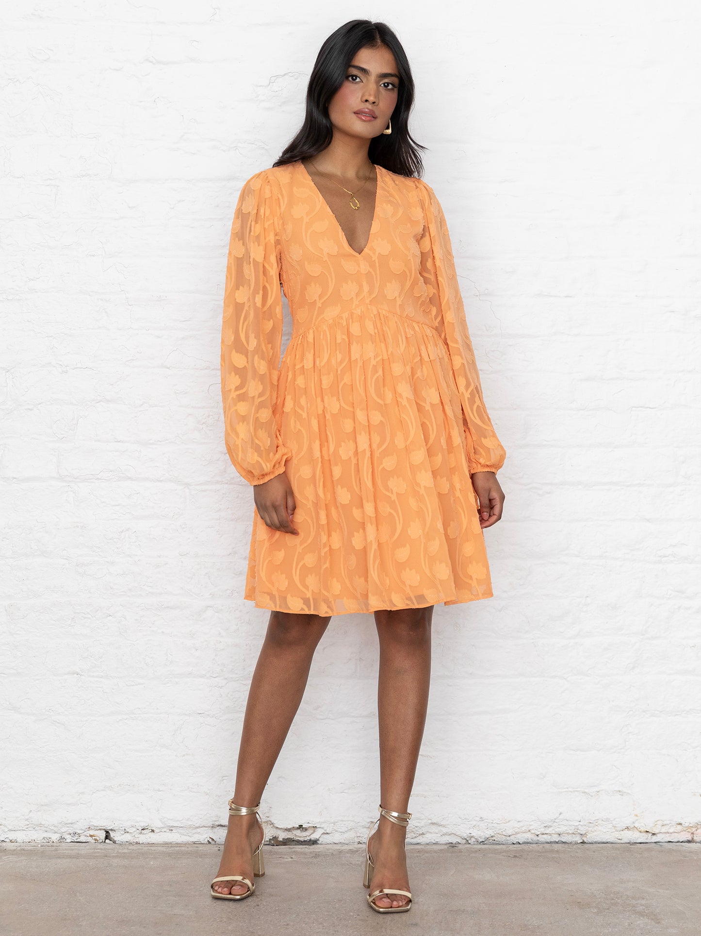 Lovedrobe Orange Long Sleeve Floral Burn Out Mini Dress