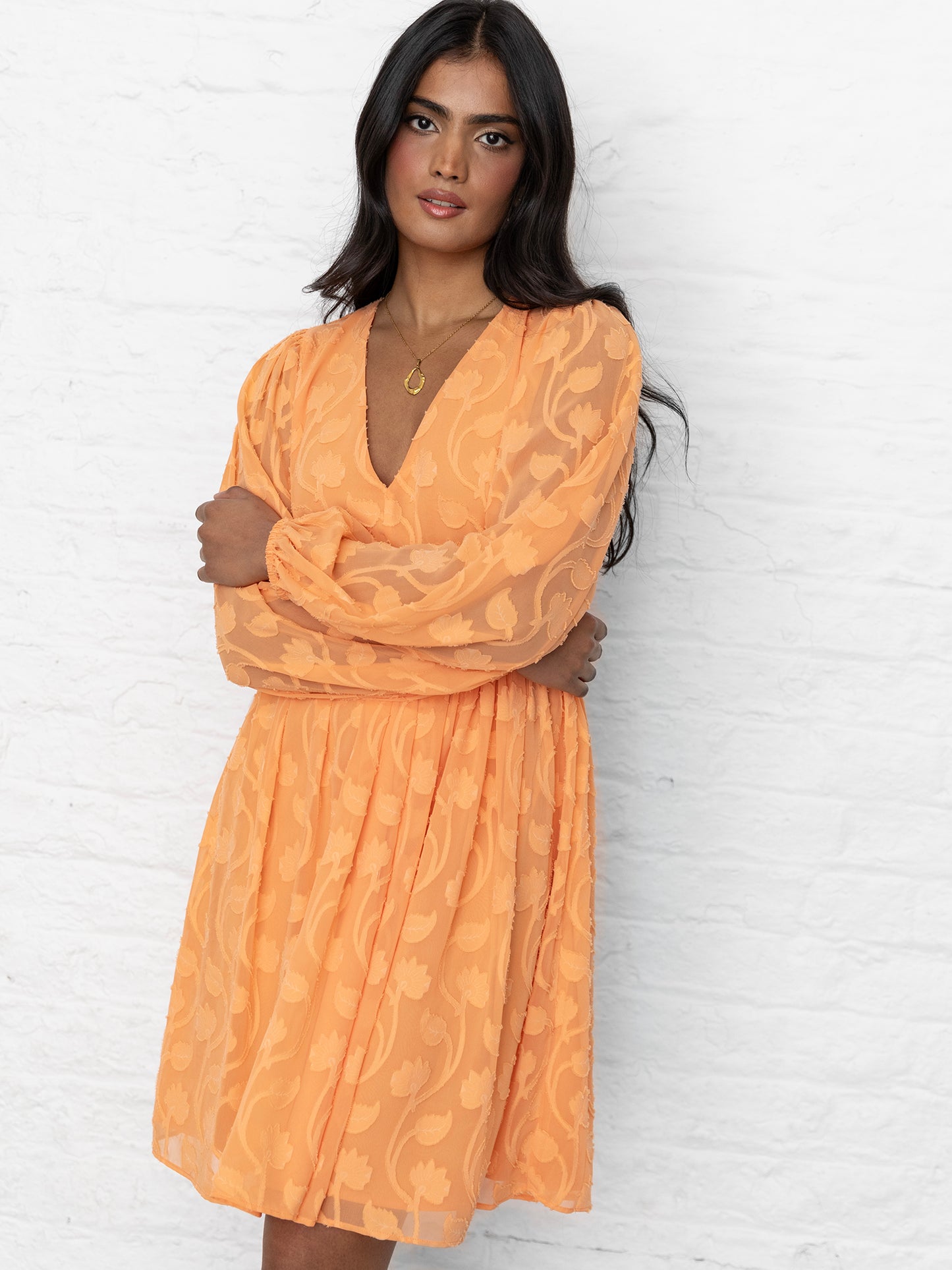 Lovedrobe Orange Long Sleeve Floral Burn Out Mini Dress