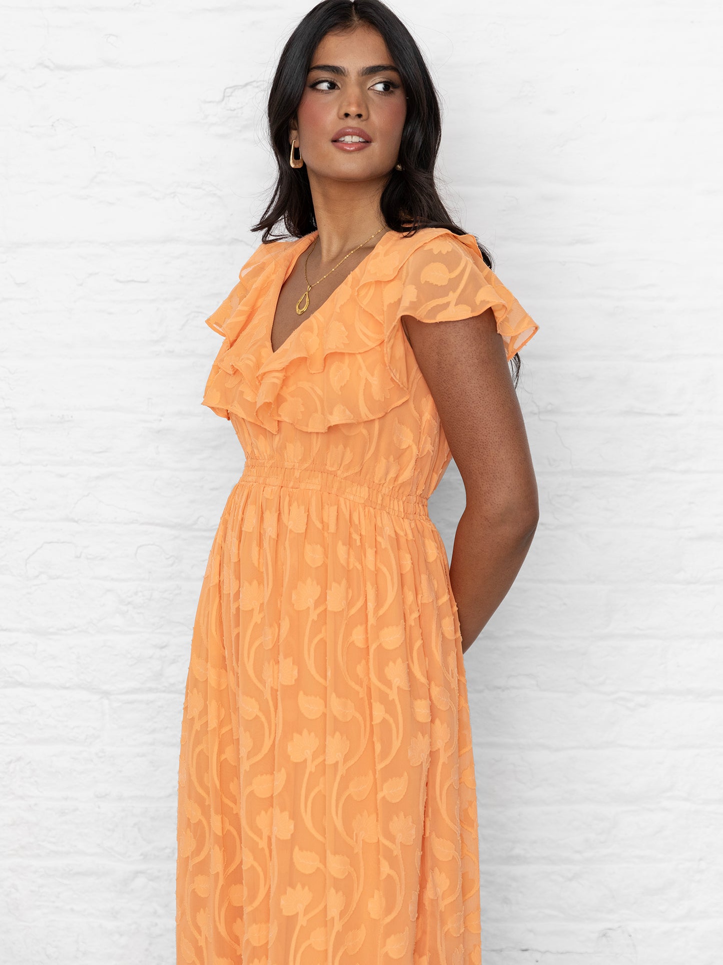 Lovedrobe Orange Ruffle V Neck Floral Burn Out Maxi Dress