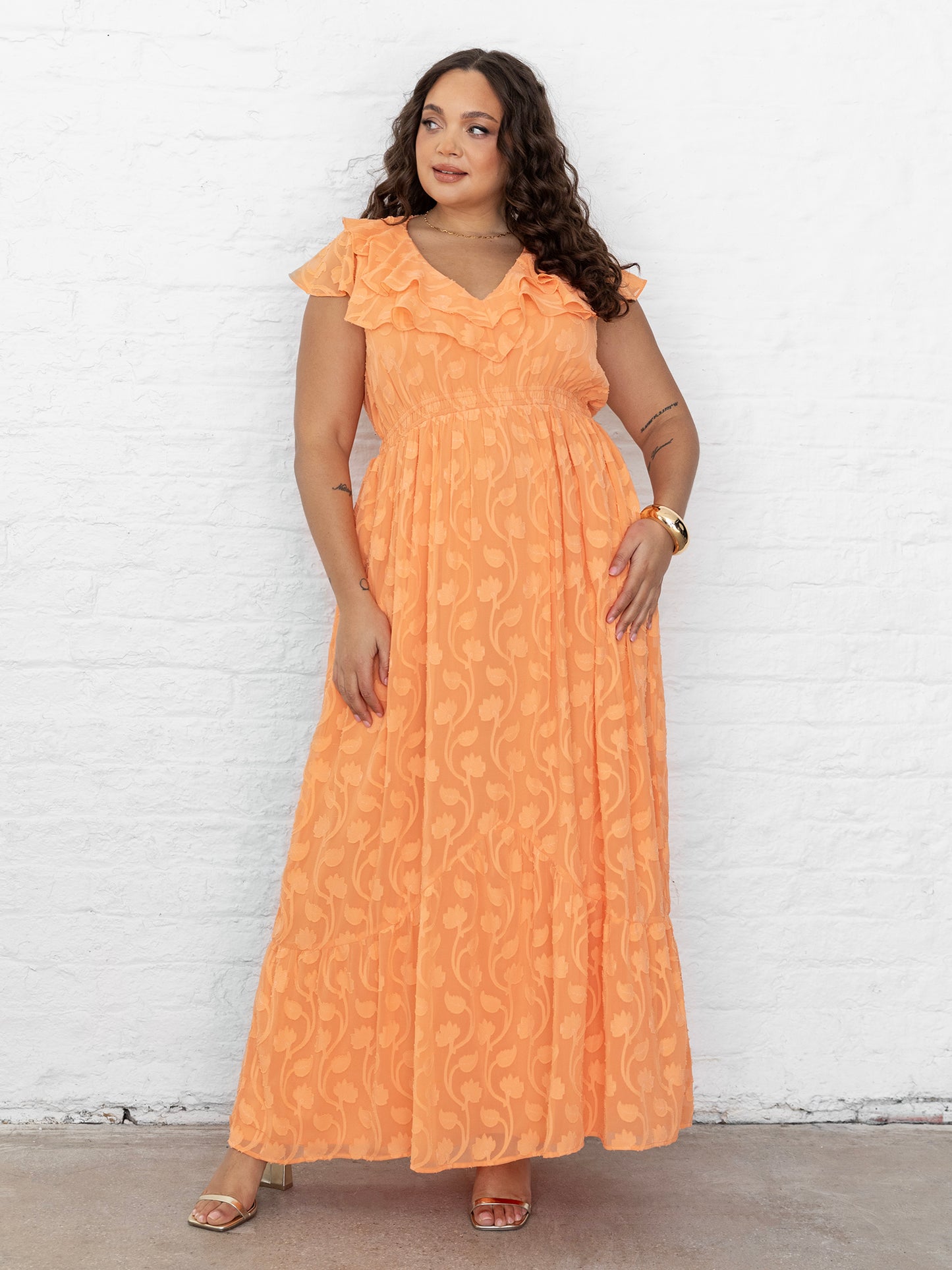 Lovedrobe Orange Ruffle V Neck Floral Burn Out Maxi Dress