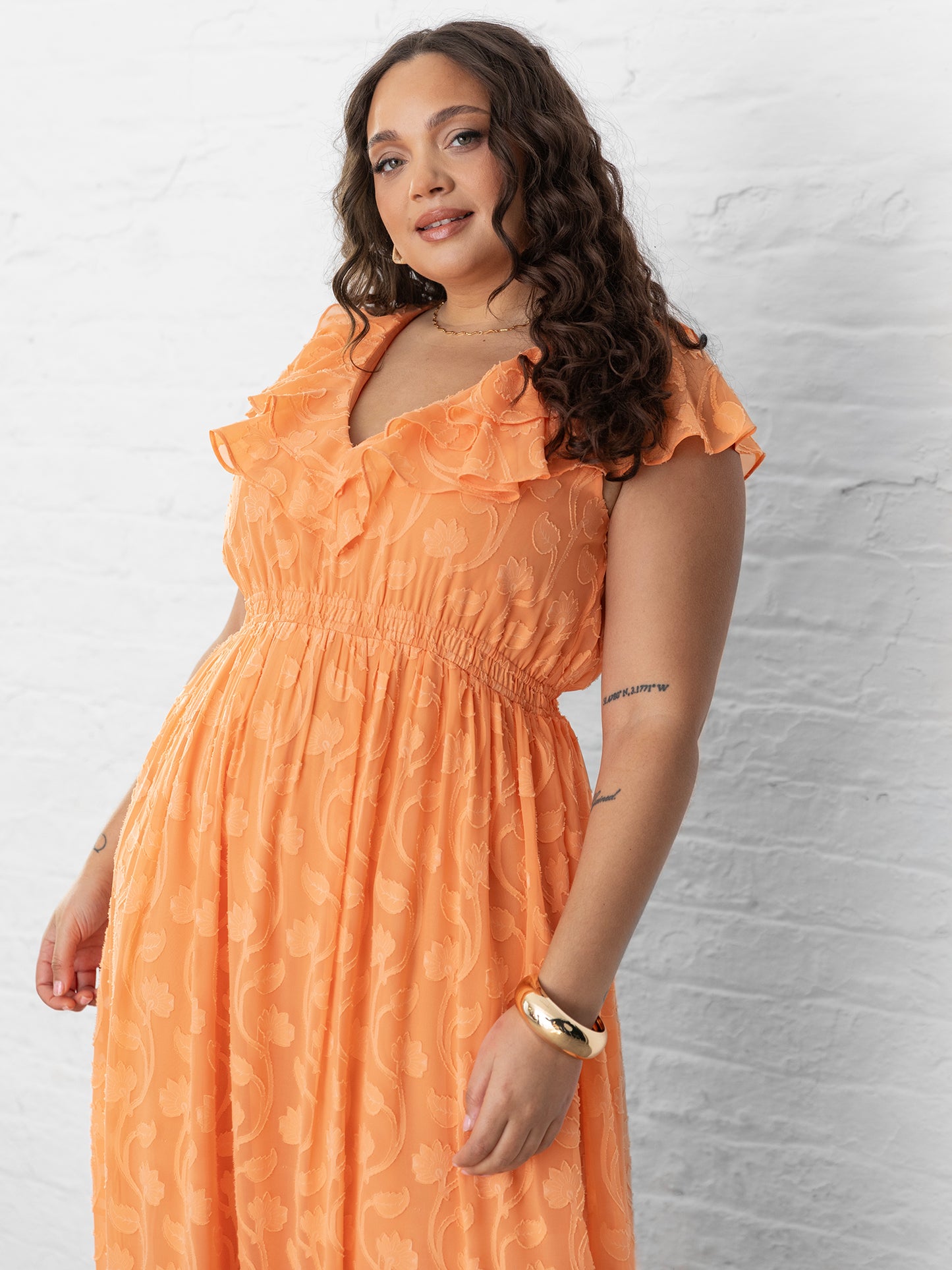 Lovedrobe Orange Ruffle V Neck Floral Burn Out Maxi Dress