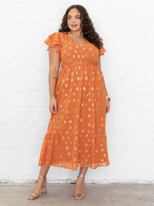 Lovedrobe Orange V Neck & Flutter Sleeve Metallic Detail Midi Dress