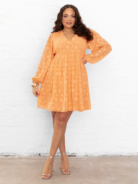 Lovedrobe Orange Long Sleeve Floral Burn Out Mini Dress