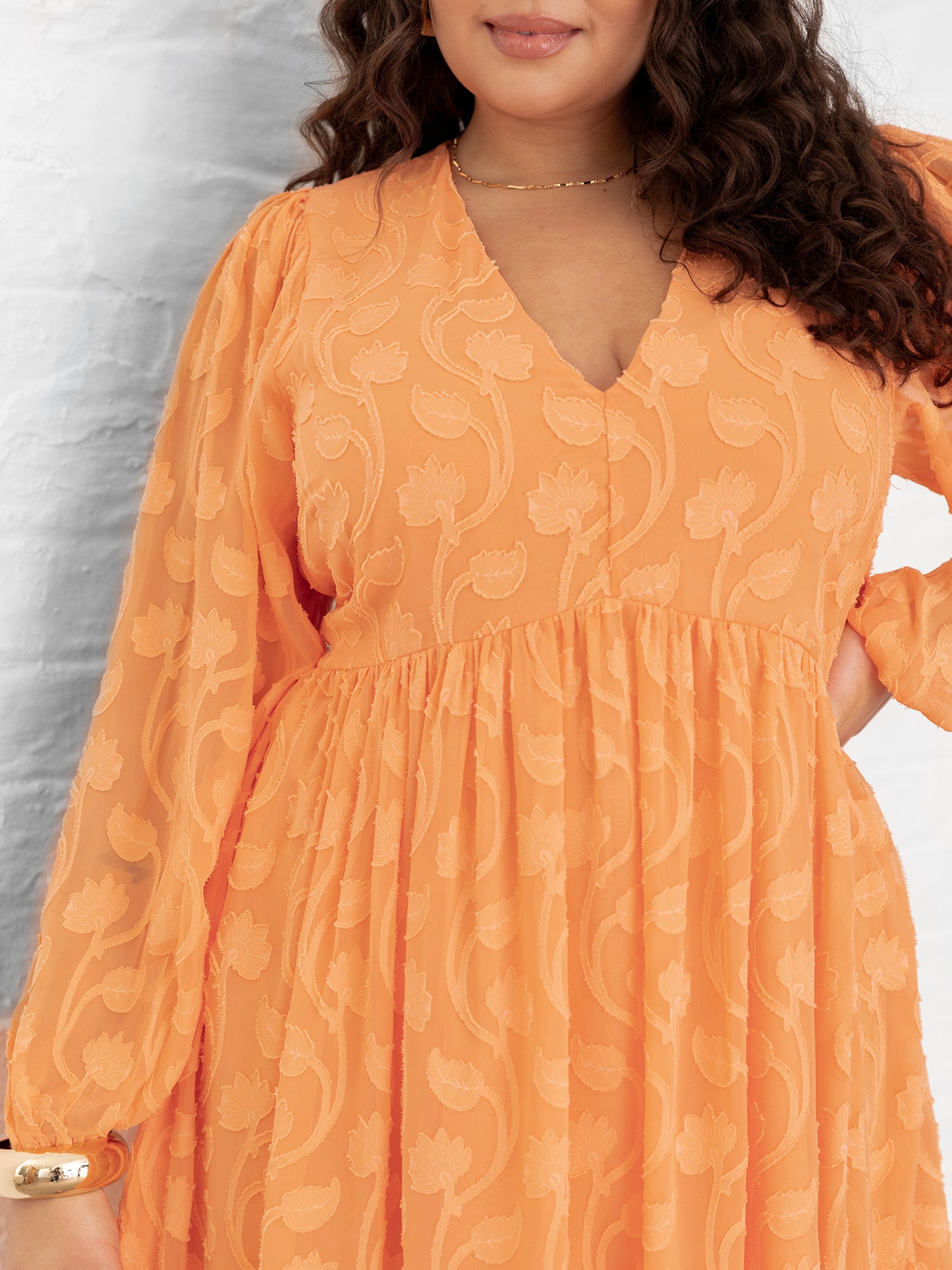 Lovedrobe Orange Long Sleeve Floral Burn Out Mini Dress