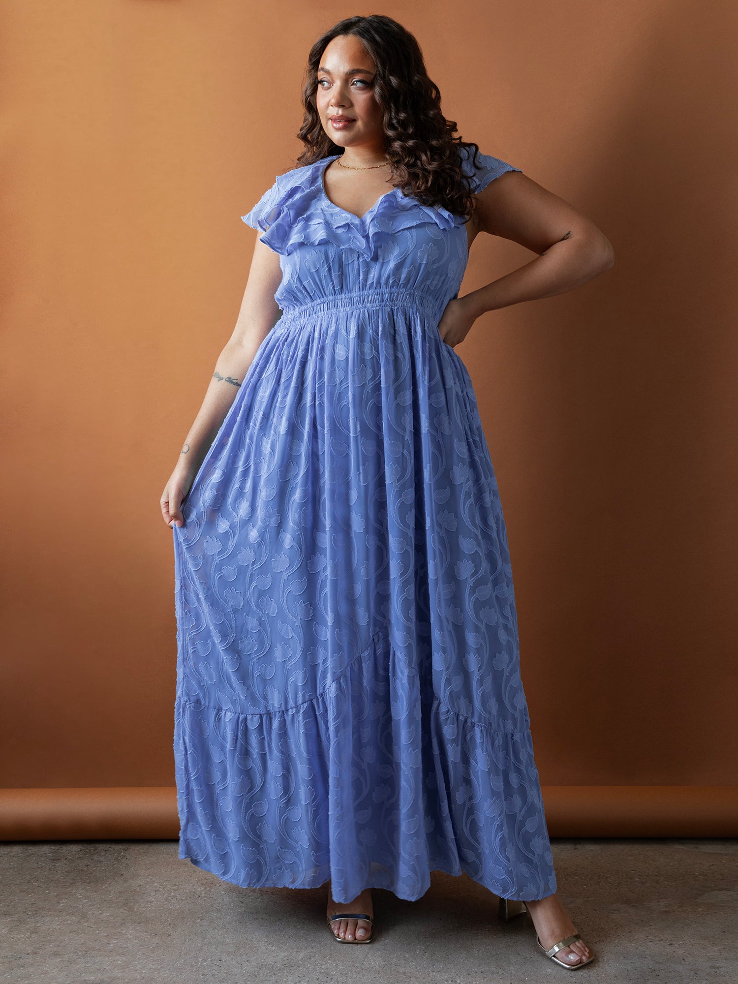 Lovedrobe Ruffle V Neck Floral Burnout Maxi Dress