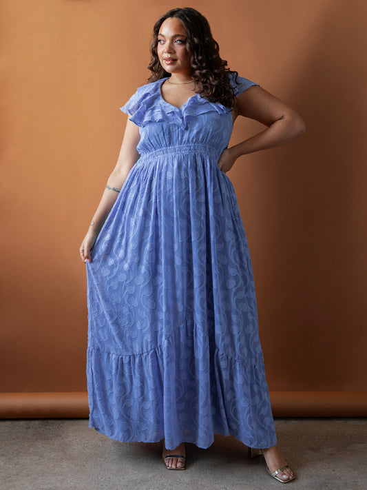 Lovedrobe Blue Ruffle V Neck Floral Burn Out Maxi Dress