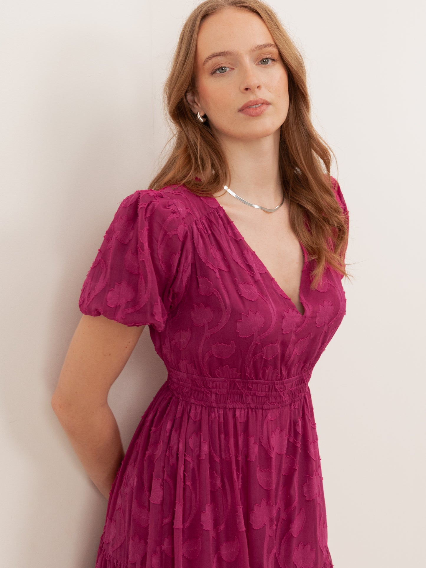 Lovedrobe Fuchsia Short Sleeve Floral Burnout Midi Dress