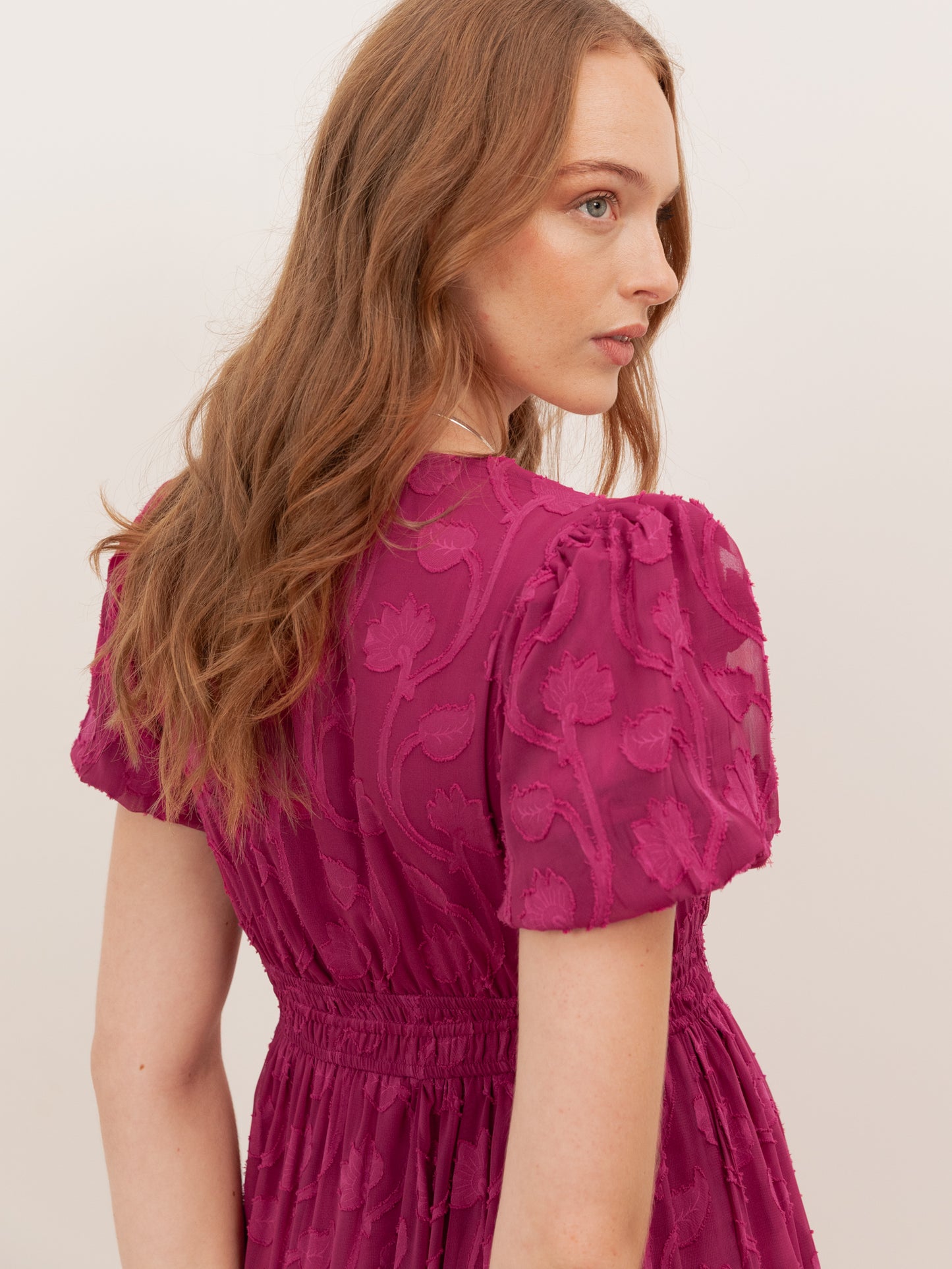 Lovedrobe Fuchsia Short Sleeve Floral Burnout Midi Dress