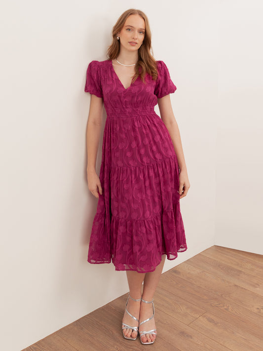 Lovedrobe Fuchsia Short Sleeve Floral Burnout Midi Dress