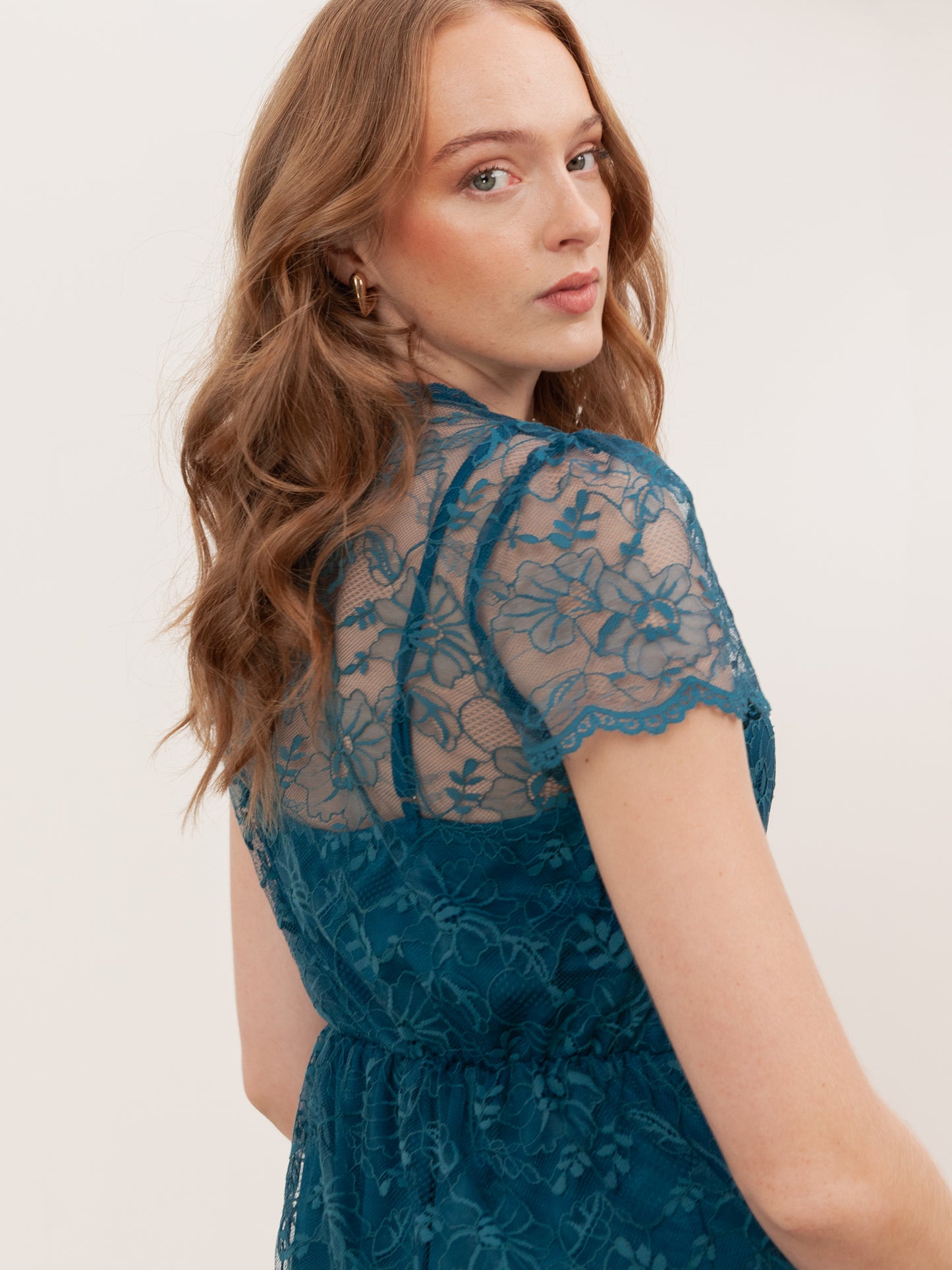 Lovedrobe Teal Floral Lace Short Sleeve Mini Dress