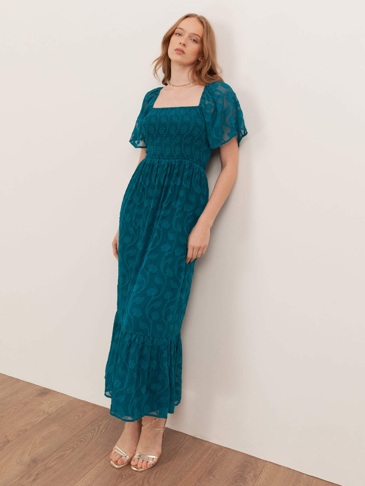 Lovedrobe Floral Burnout Square Neck Shirred Midaxi Dress