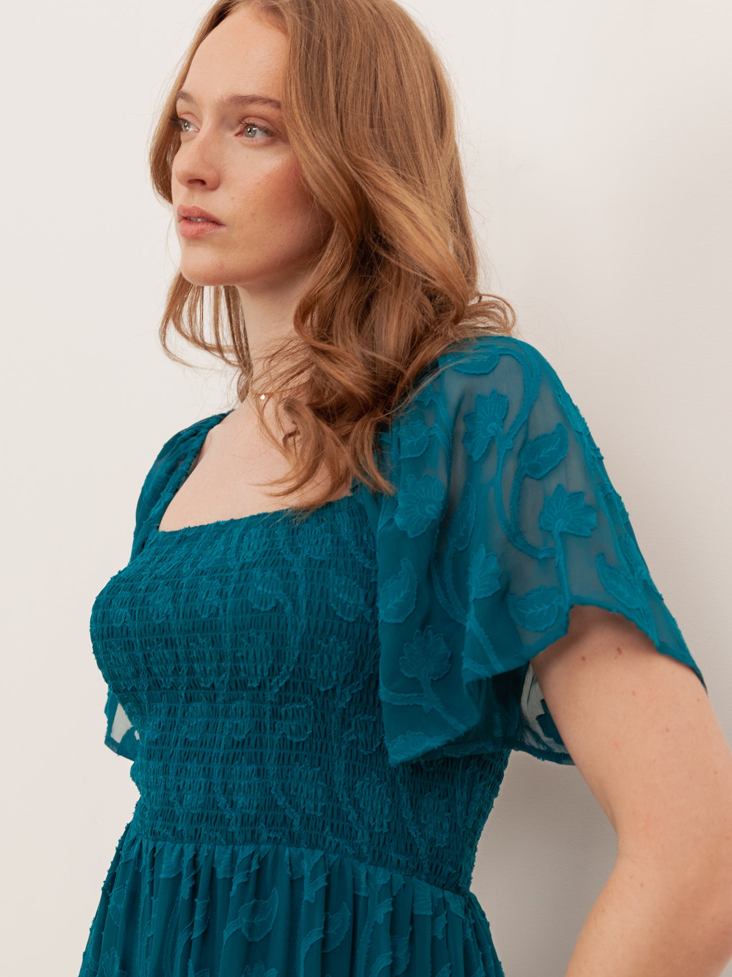 Lovedrobe Teal Floral Burnout Square Neck Shirred Midaxi Dress