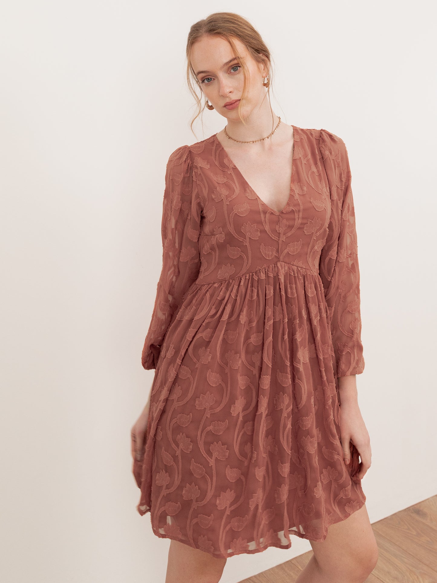 Lovedrobe Terracotta Floral Burnout Maxi Sleeve Mini Dress