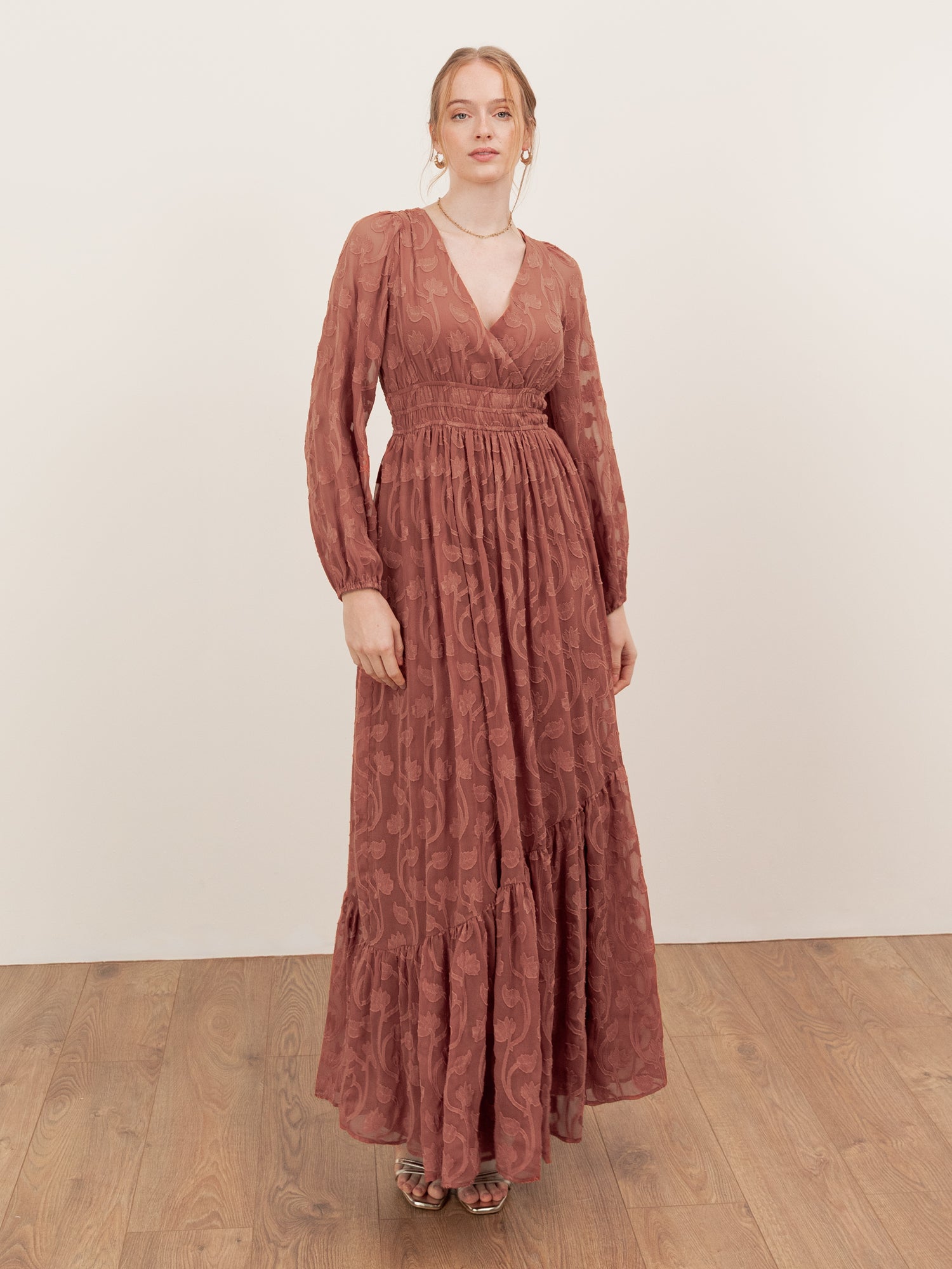 Lovedrobe Terracotta Floral Burnout Tie Back Maxi Dress Asymmetric Split Hem