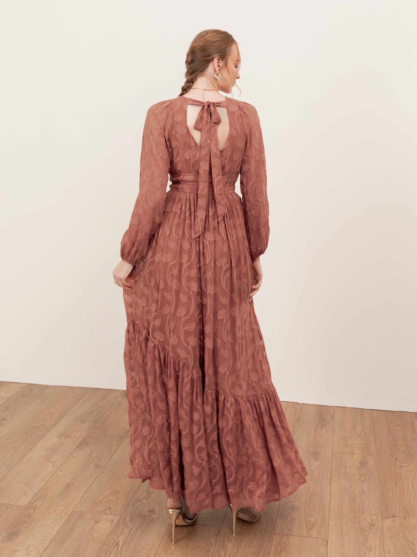 Lovedrobe Terracotta Floral Burnout Tie-Back Maxi Dress with Asymmetric Split Hem