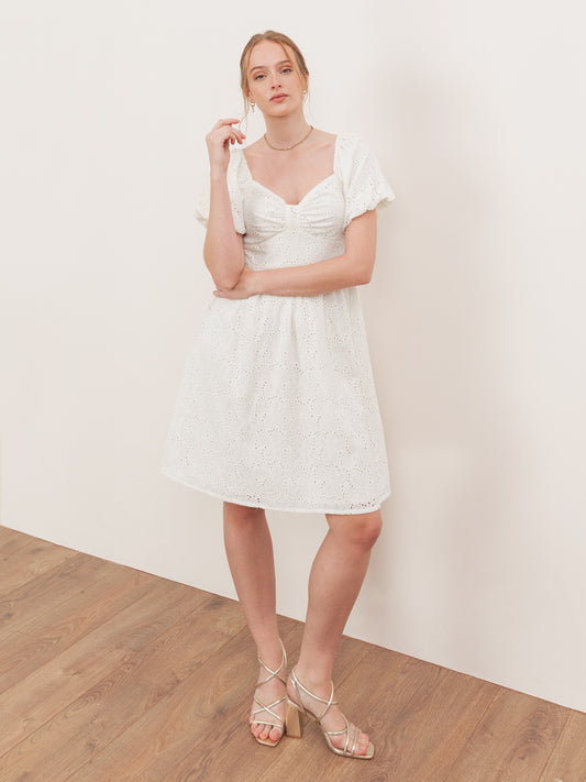 Lovedrobe Cream Broderie Bow Detail Mini Dress