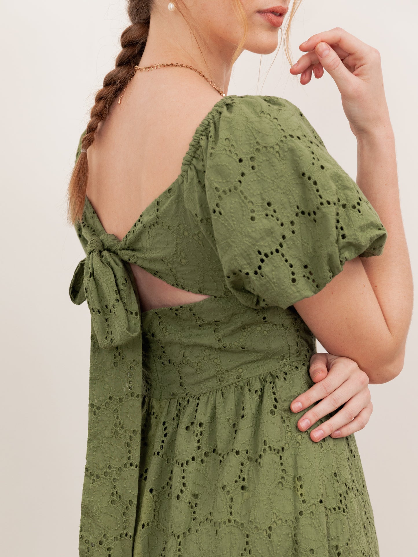 Lovedrobe Khaki Broderie Bow Detail Mini Dress