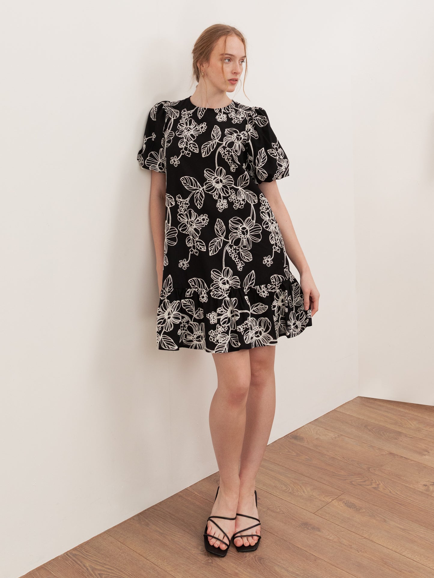 Lovedrobe Black Embroidered Short Sleeve Swing Mini Dress