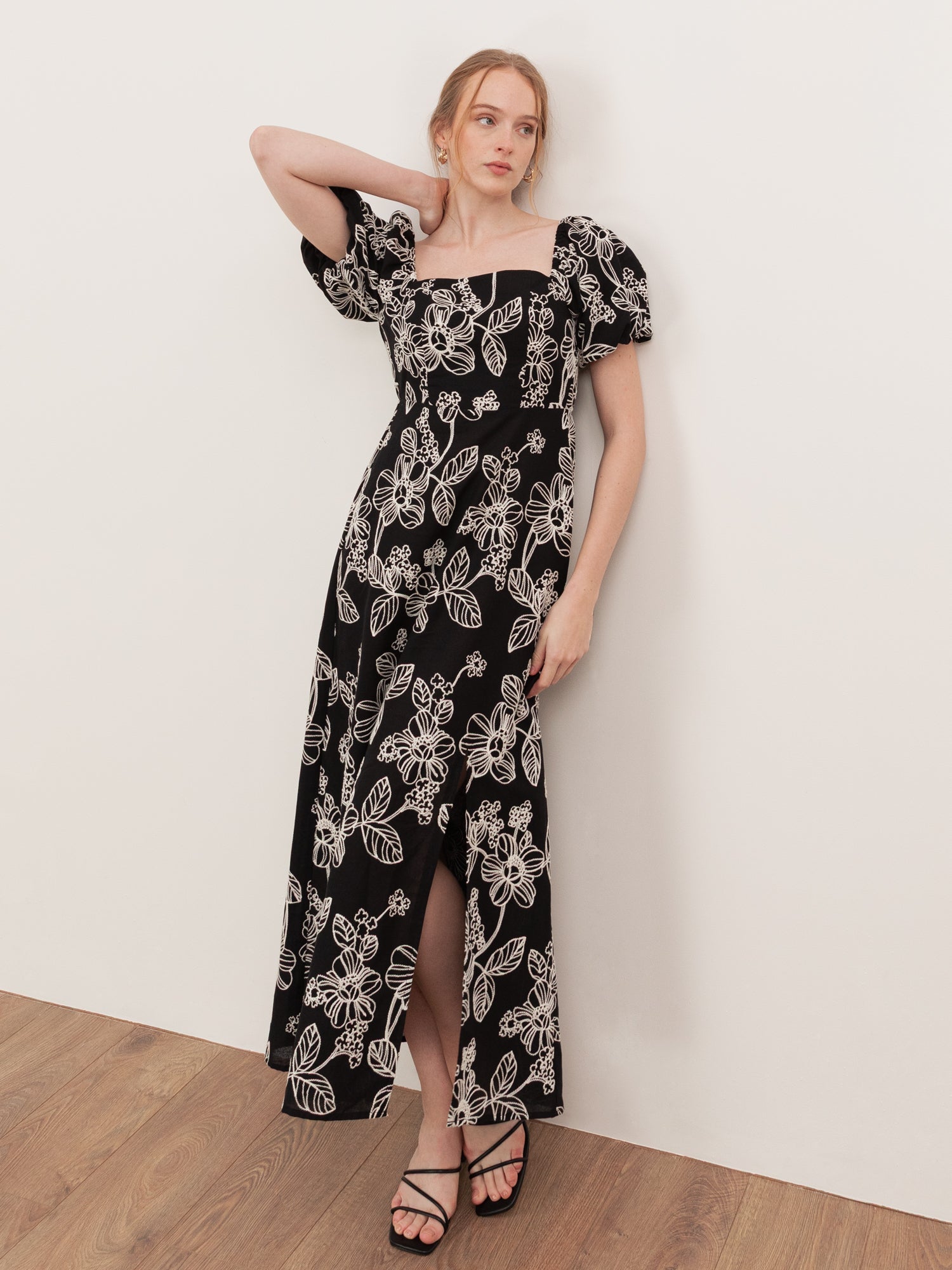 Lovedrobe Embroidered Short Sleeve Square Neck Midaxi Dress