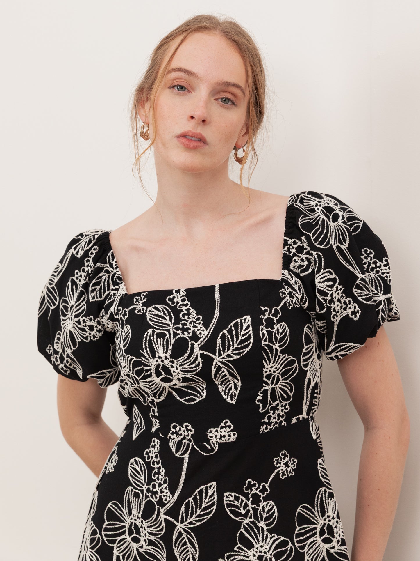 Lovedrobe Black Embroidered Short Sleeve Square Neck Midaxi Dress