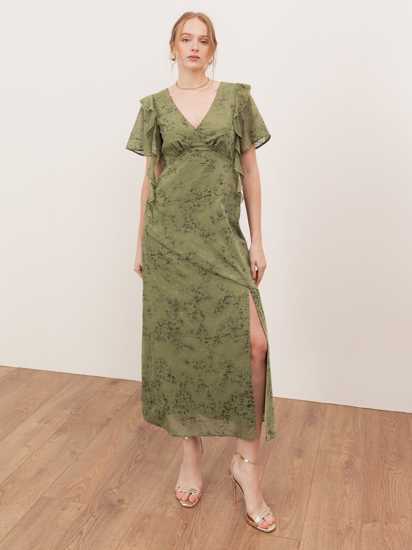 Lovedrobe Green Angel Sleeve V Neck Midaxi Dress with Ruffle Detail