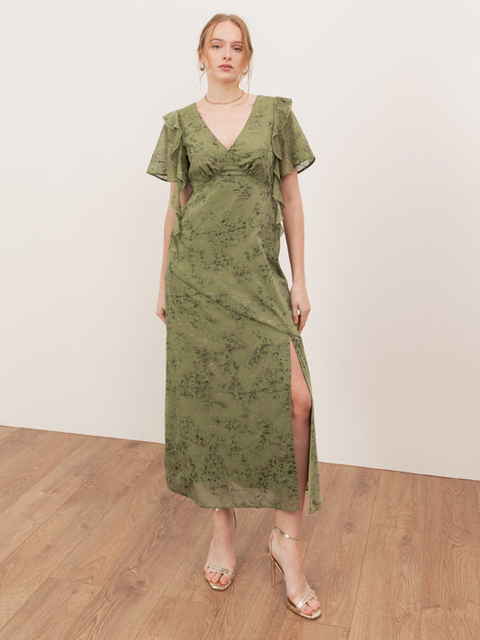 Lovedrobe Green Angel Sleeve V Neck Midaxi Dress with Ruffle Detail