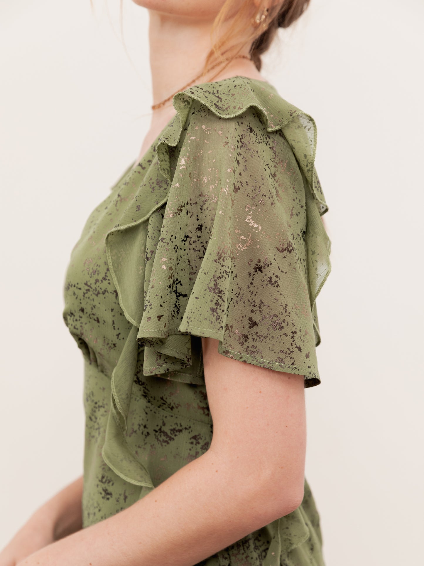 Lovedrobe Green Angel Sleeve V Neck Midaxi Dress with Ruffle Detail
