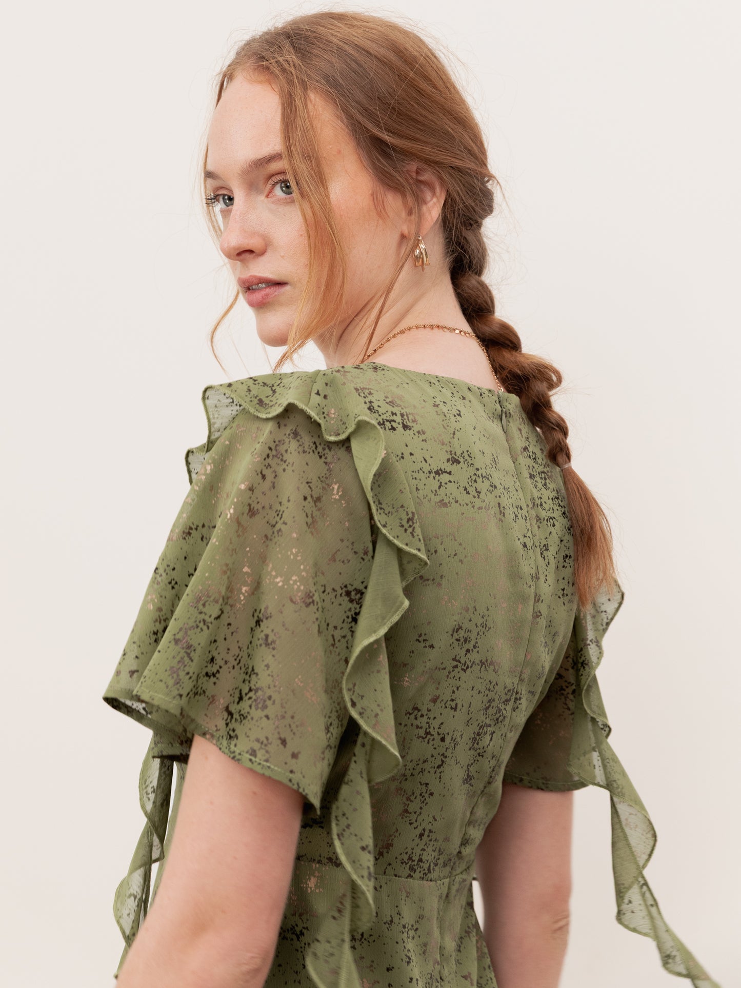 Lovedrobe Green Angel Sleeve V Neck Midaxi Dress with Ruffle Detail