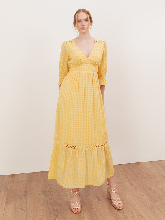 Lovedrobe Yellow Gingham V Neck Midaxi Dress