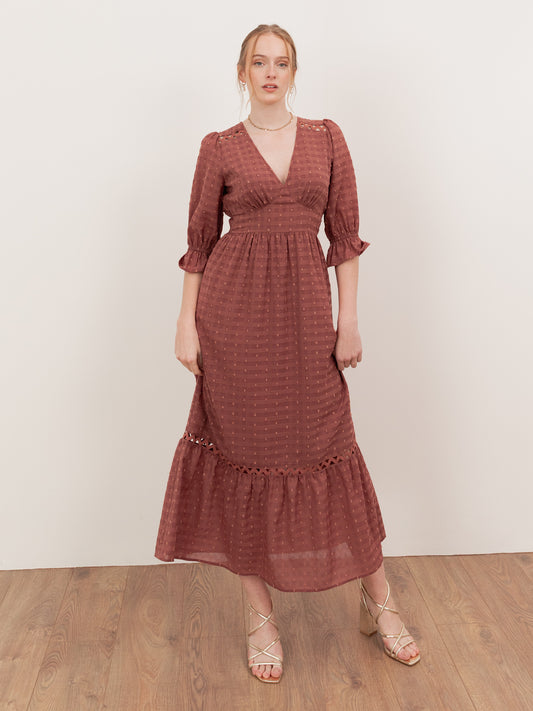Lovedrobe Terracotta Pink Gingham V Neck Midaxi Dress
