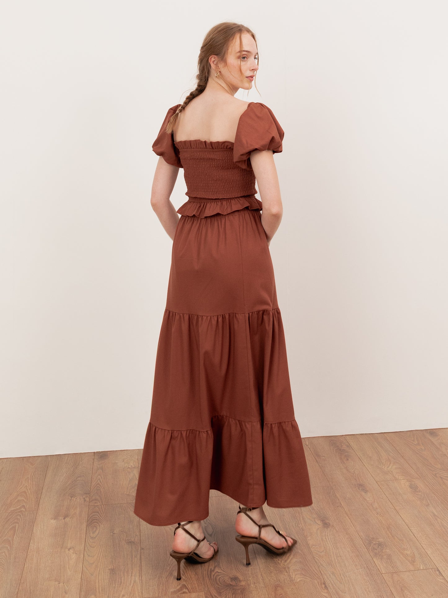 Lovedrobe Mocha Shirred Waist Tiered Maxi Skirt Co-Ord
