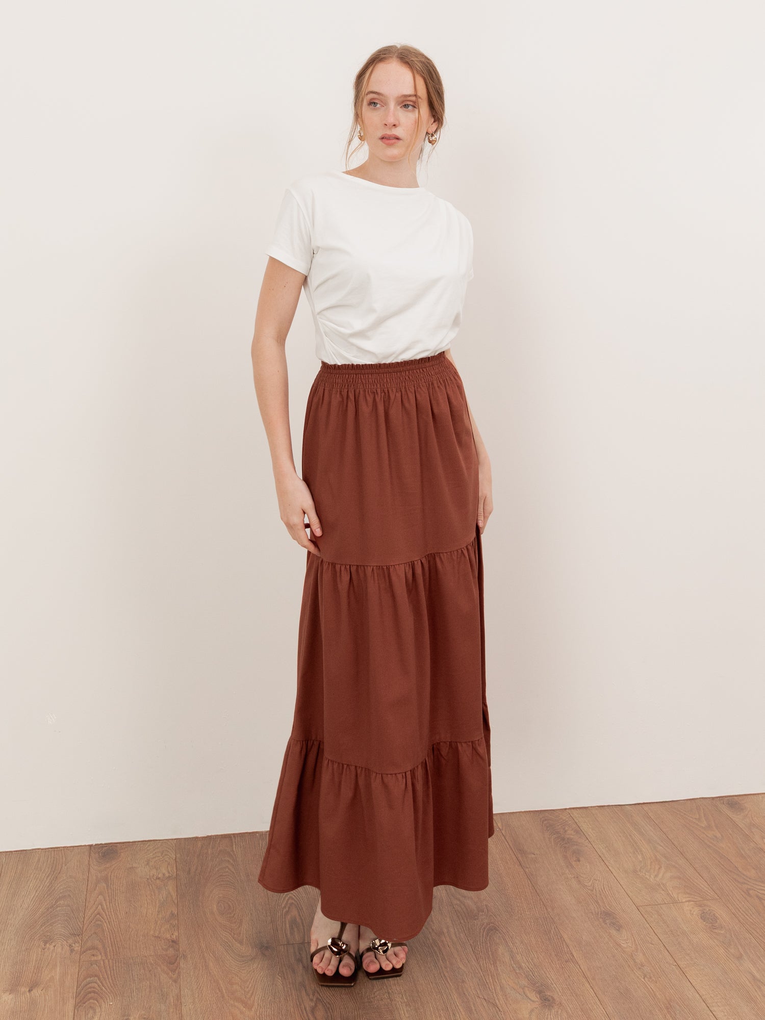 Lovedrobe Mocha Shirred Waist Tiered Maxi Skirt Co Ord