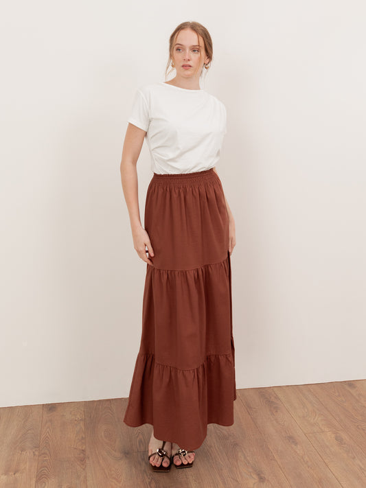 Lovedrobe Mocha Shirred Waist Tiered Maxi Skirt Co-Ord