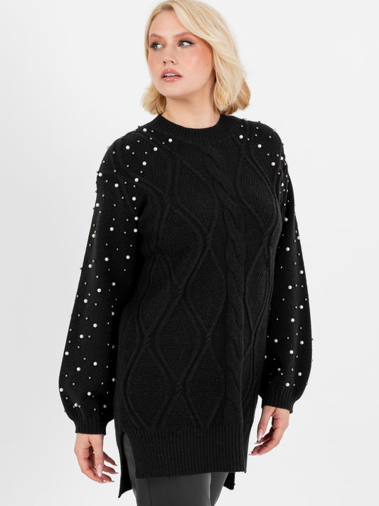 Lovedrobe Black Cable Knit Maxiline Jumper with Pearl Embellishment